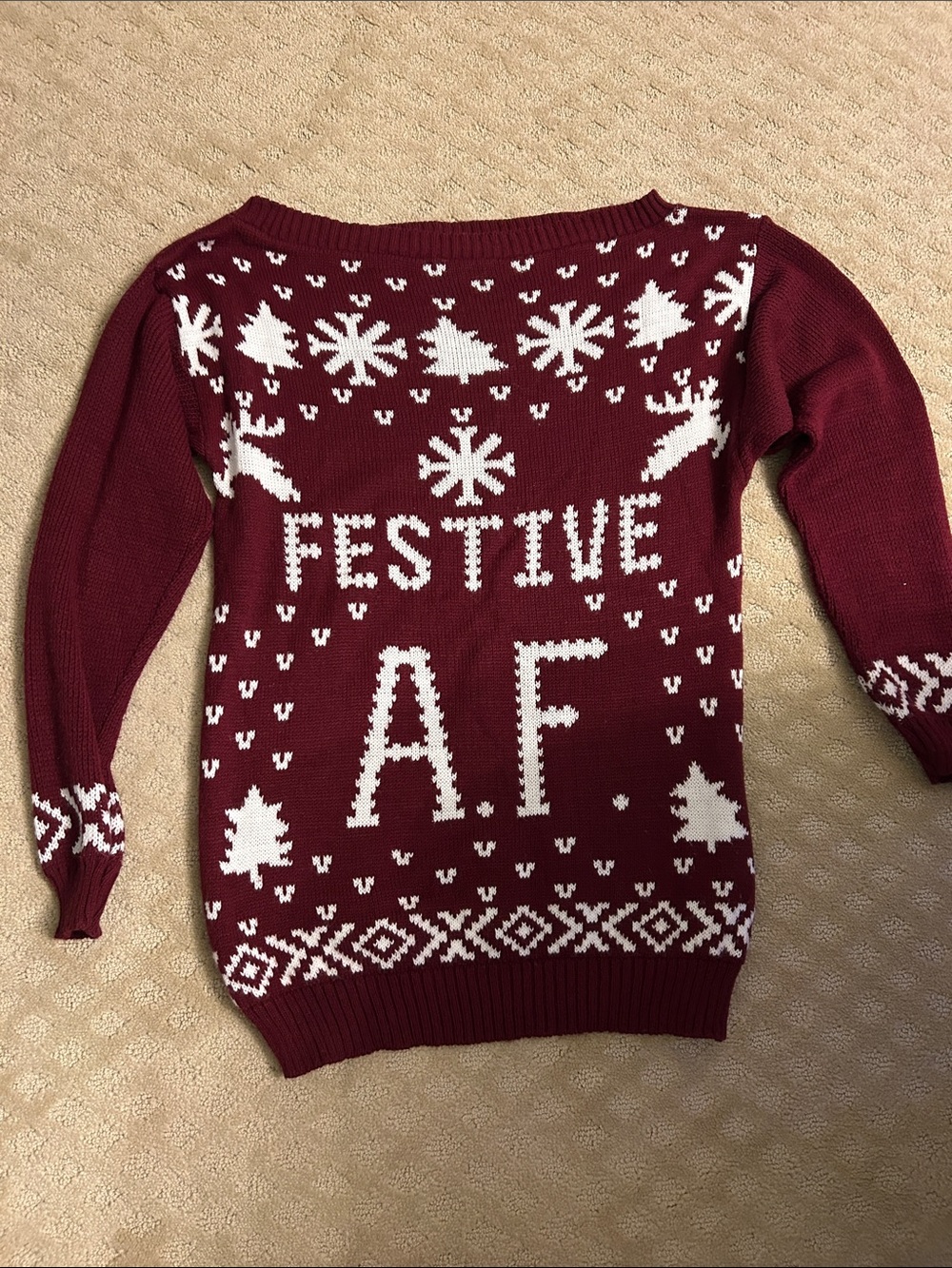 Boohoo Burgundy & White Off-Shoulder Christmas Sweater Medium/Large